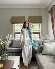 Elegant White Roman Silk Salwar Suit with Sequin Embroidery & Printed Silver Chiffon Dupatta