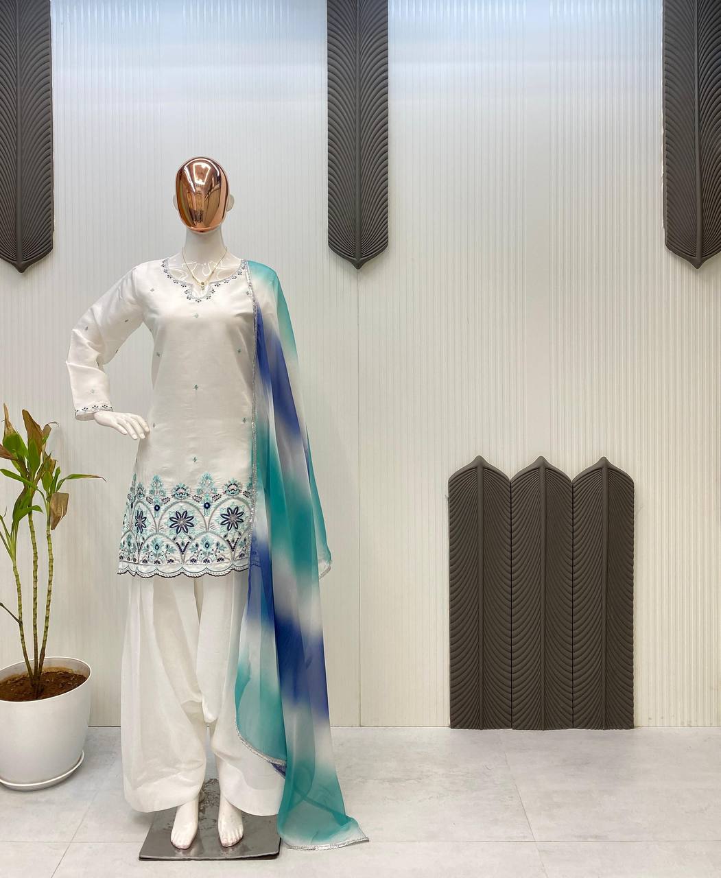 Elegant White Roman Silk Salwar Suit with Sequin Embroidery & Printed Silver Chiffon Dupatta