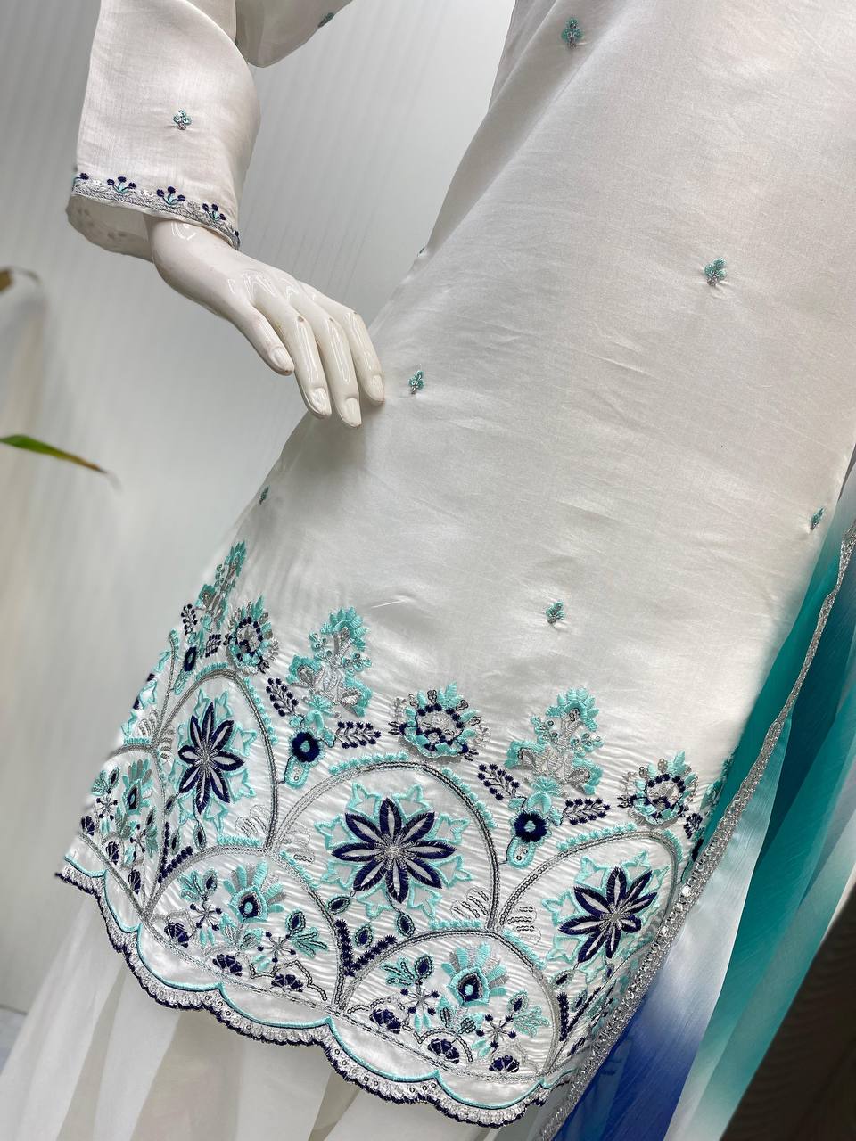 Elegant White Roman Silk Salwar Suit with Sequin Embroidery & Printed Silver Chiffon Dupatta