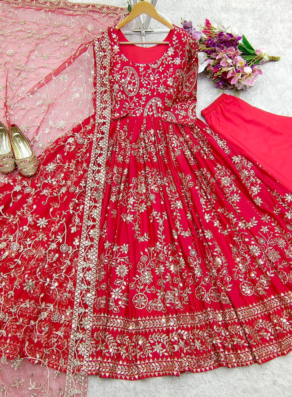 Chinnon Silk Red Color Heavy Sequence Work Long Gown