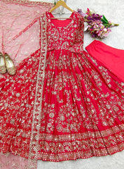 Chinnon Silk Red Color Heavy Sequence Work Long Gown