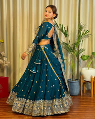 Hevay Embroidery Sequence work Teal Blue color Lehengha Choli