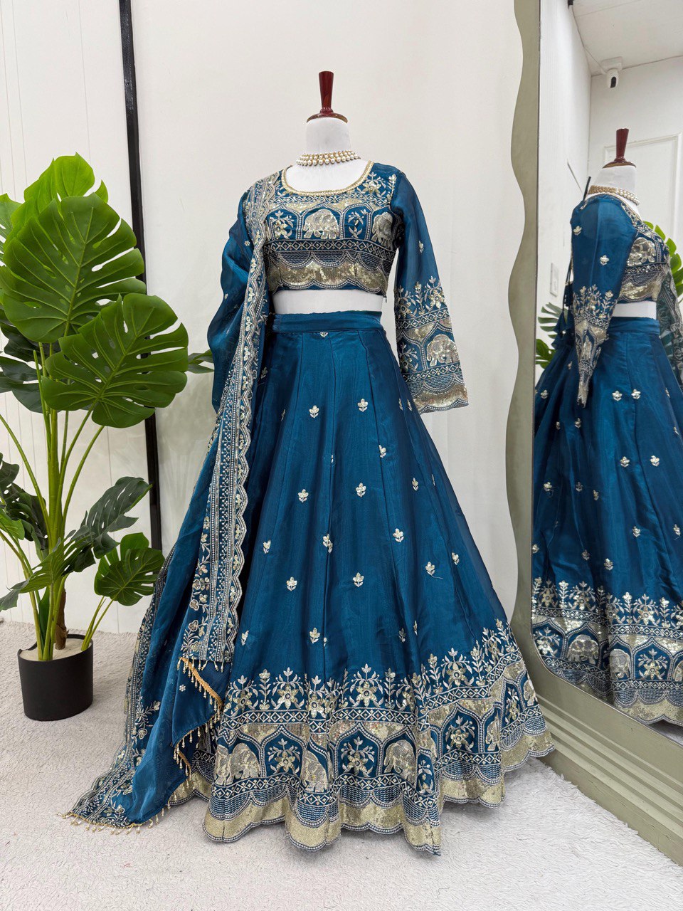 Hevay Embroidery Sequence work Teal Blue color Lehengha Choli