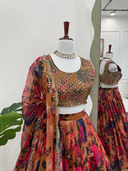 Presenting Red Color  Organza with Digital print Lehengha choli
