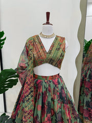 Presenting Green Color  Organza with Digital print Lehengha choli