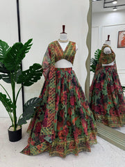 Presenting Green Color  Organza with Digital print Lehengha choli
