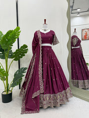 Fantastic  Chinon silk sequence work Wine color Lehengha Choli