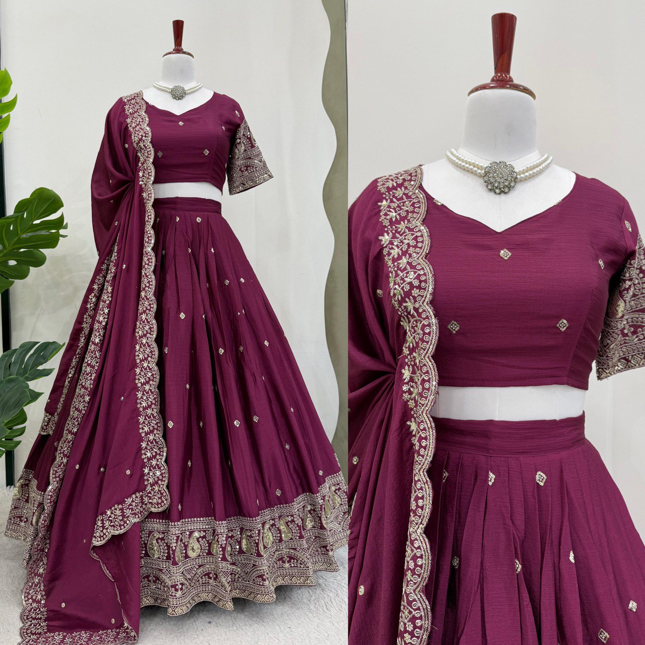 Fantastic  Chinon silk sequence work Wine color Lehengha Choli