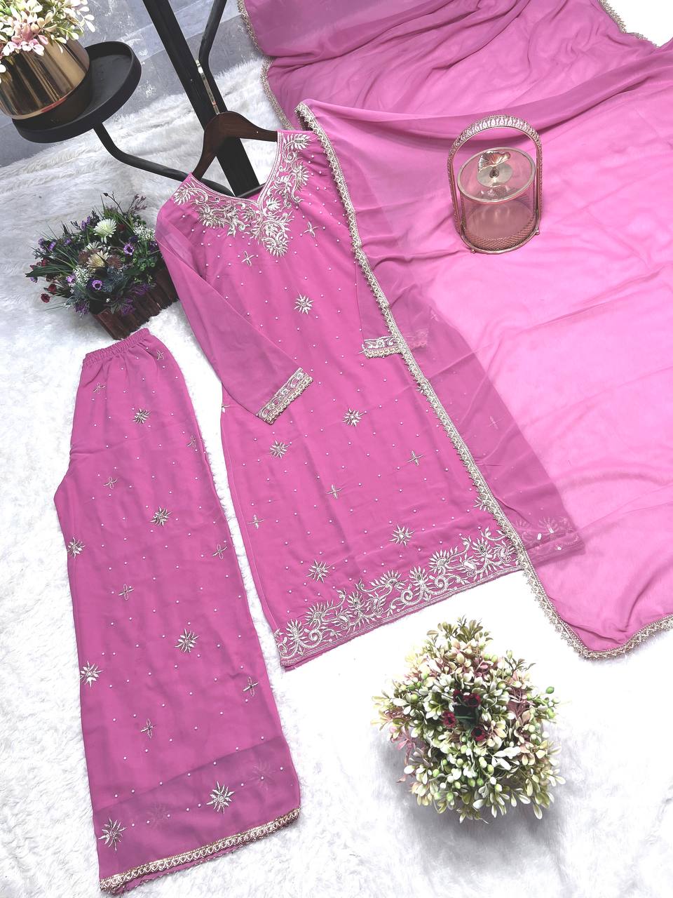 Admiring Embroidery Sequence Light Pink Color Palazzo  suit