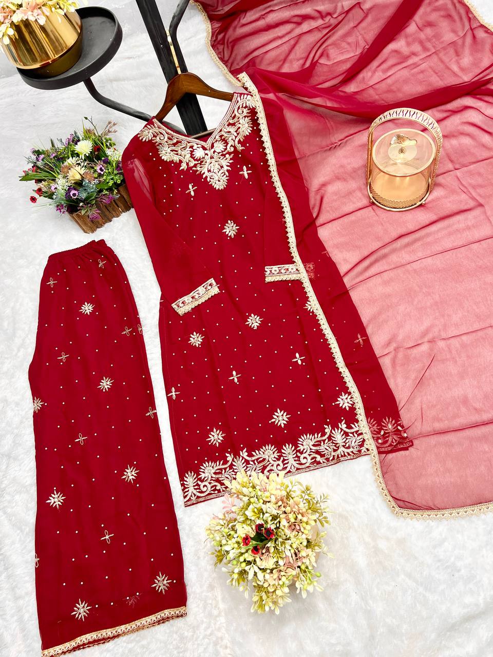 Admiring Embroidery Sequence Red Color Palazzo  suit