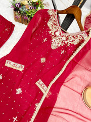 Admiring Embroidery Sequence Red Color Palazzo  suit