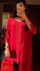 Shine Red Color Embroidery Work Salwar Suit With Dupatta
