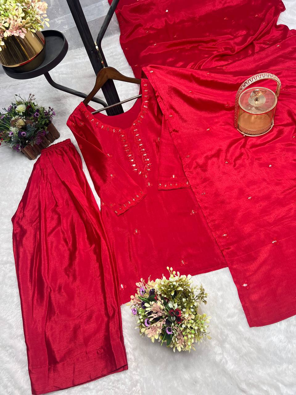 Shine Red Color Embroidery Work Salwar Suit With Dupatta