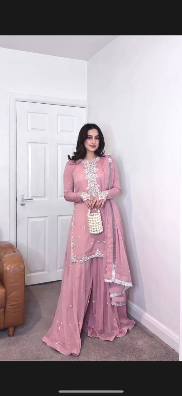 Graceful  Grorgette Embrodery Sequence Work Light Pink color Plazzo Suit