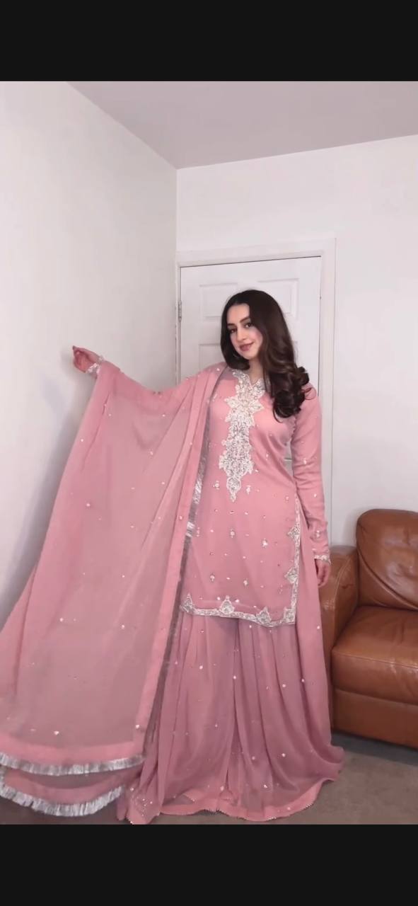 Graceful  Grorgette Embrodery Sequence Work Light Pink color Plazzo Suit