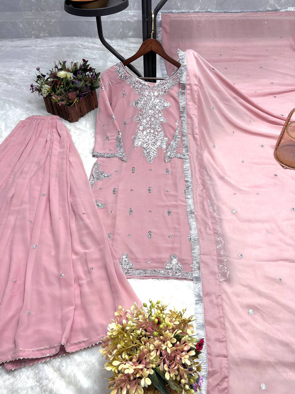 Graceful  Grorgette Embrodery Sequence Work Light Pink color Plazzo Suit