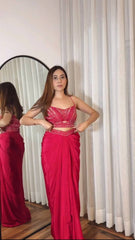 Designer French Silk Draped Skirt Set with Shrug & Tube Blouse