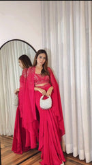 Designer French Silk Draped Skirt Set with Shrug & Tube Blouse