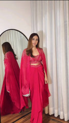Designer French Silk Draped Skirt Set with Shrug & Tube Blouse