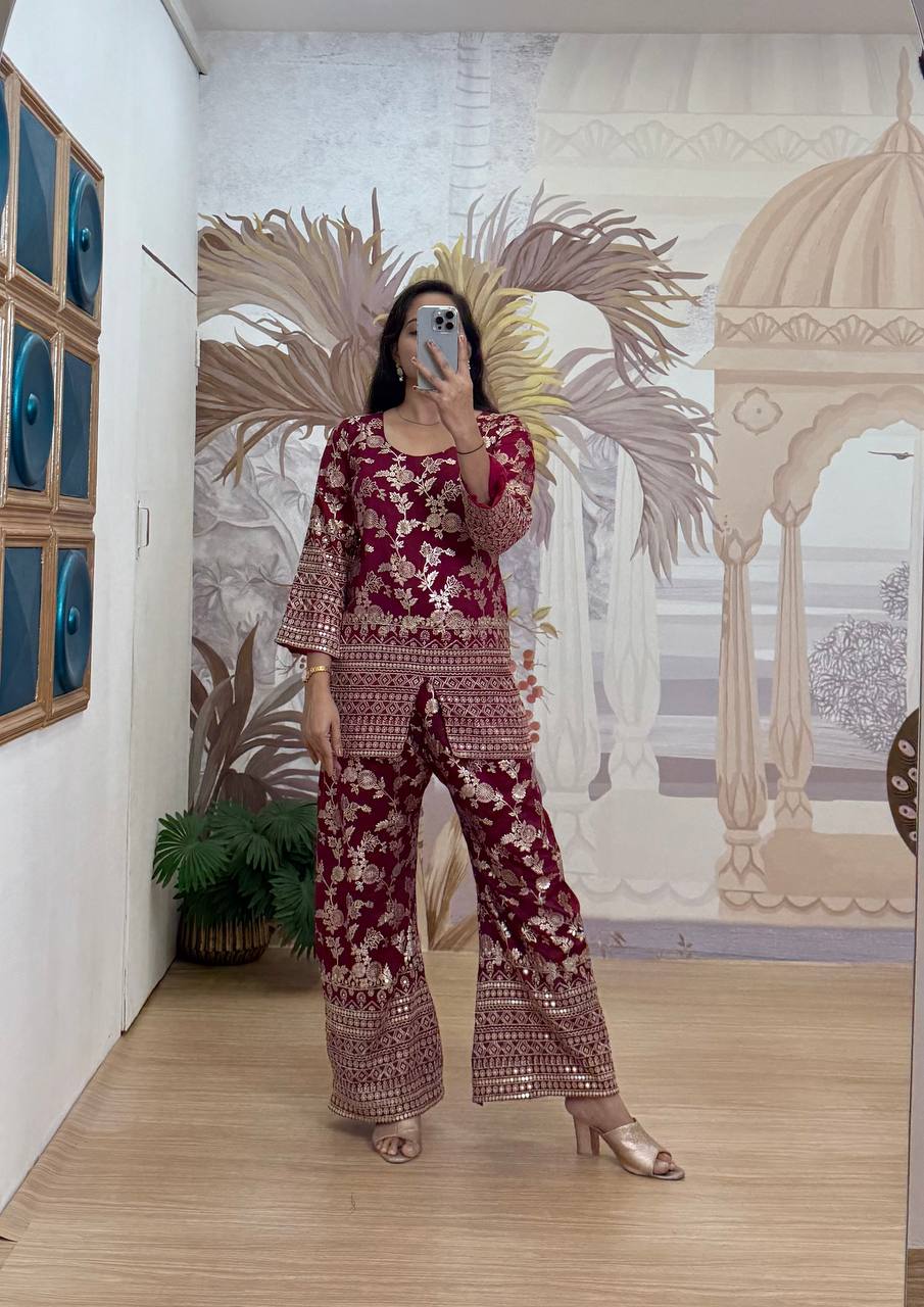 Beautiful  Red Color Dola Silk Co-ord Set | Indian Women's Summer Outfit