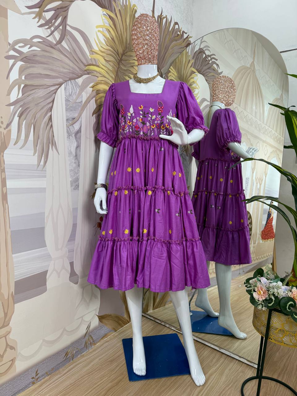 Lilac Floral Embroidered Rayon Tunic | Indian Women's Dress