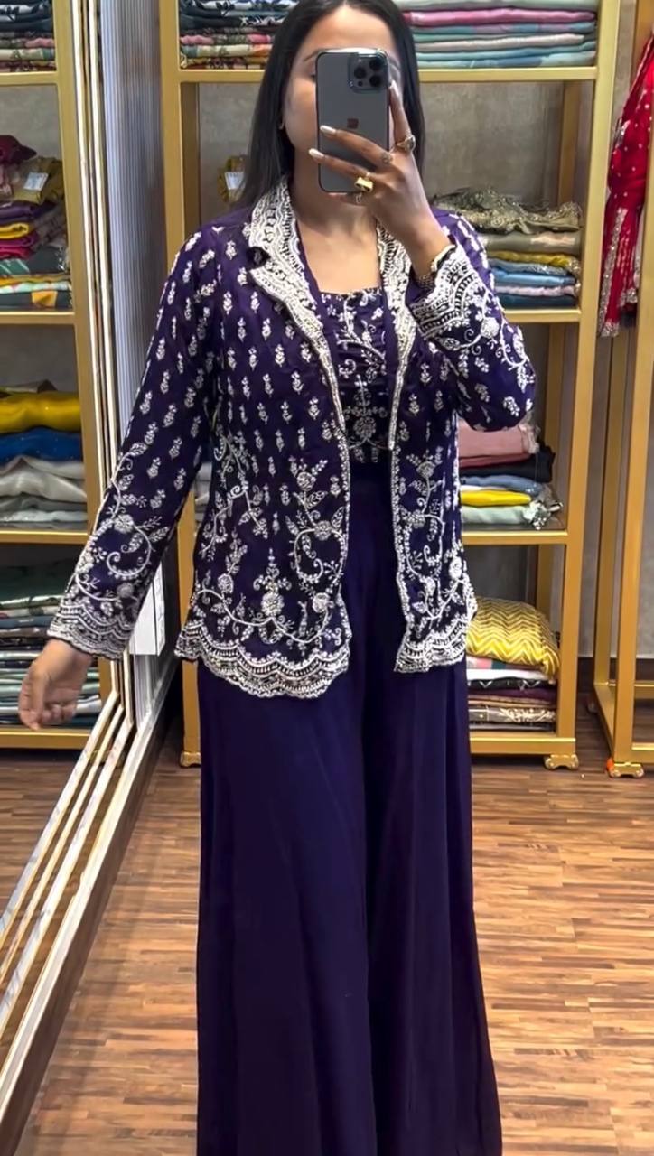 Gorgeous Purple Color  Designer Embroidery Chinon Party Wear Koti Plazzo Set