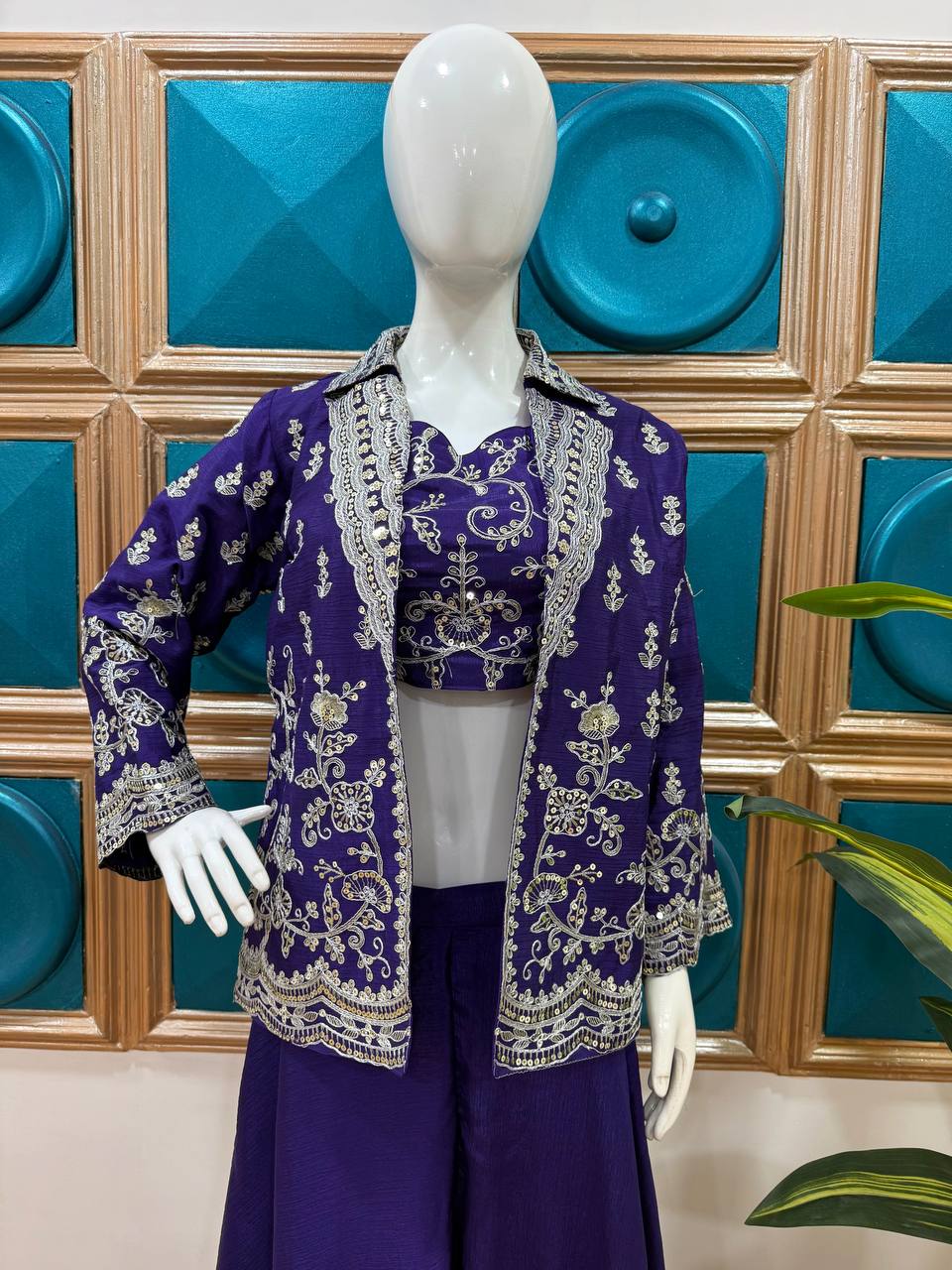 Gorgeous Purple Color  Designer Embroidery Chinon Party Wear Koti Plazzo Set