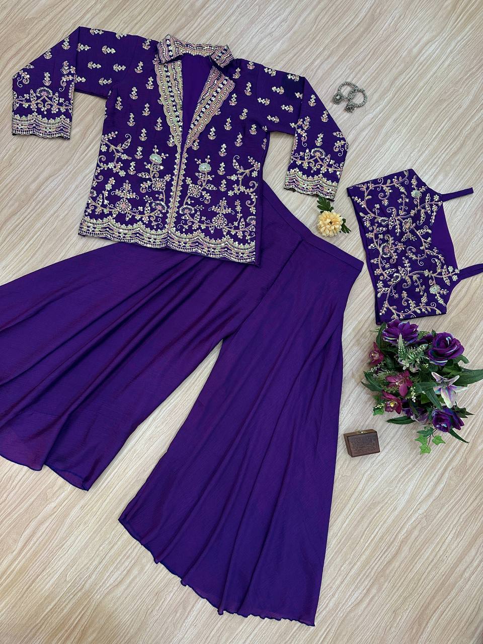 Gorgeous Purple Color  Designer Embroidery Chinon Party Wear Koti Plazzo Set