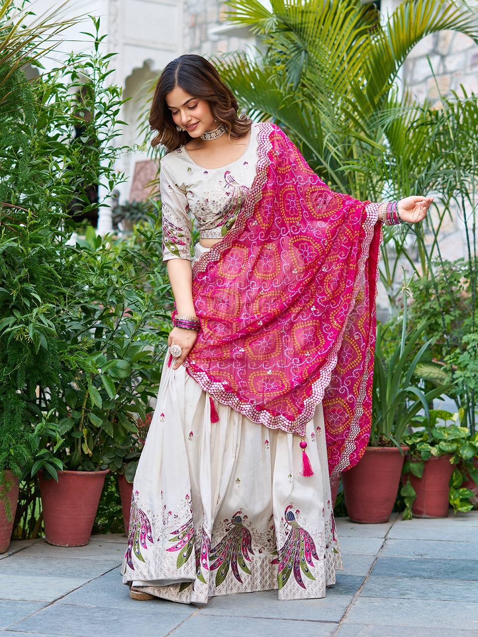Demanding Embroidery Work Tissue silk White Color Lehenga choli Pink Dupatta