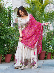 Demanding Embroidery Work Tissue silk White Color Lehenga choli Pink Dupatta