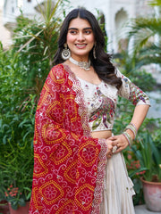 Demanding Embroidery Work Tissue silk White Color Lehenga choli Red Dupatta