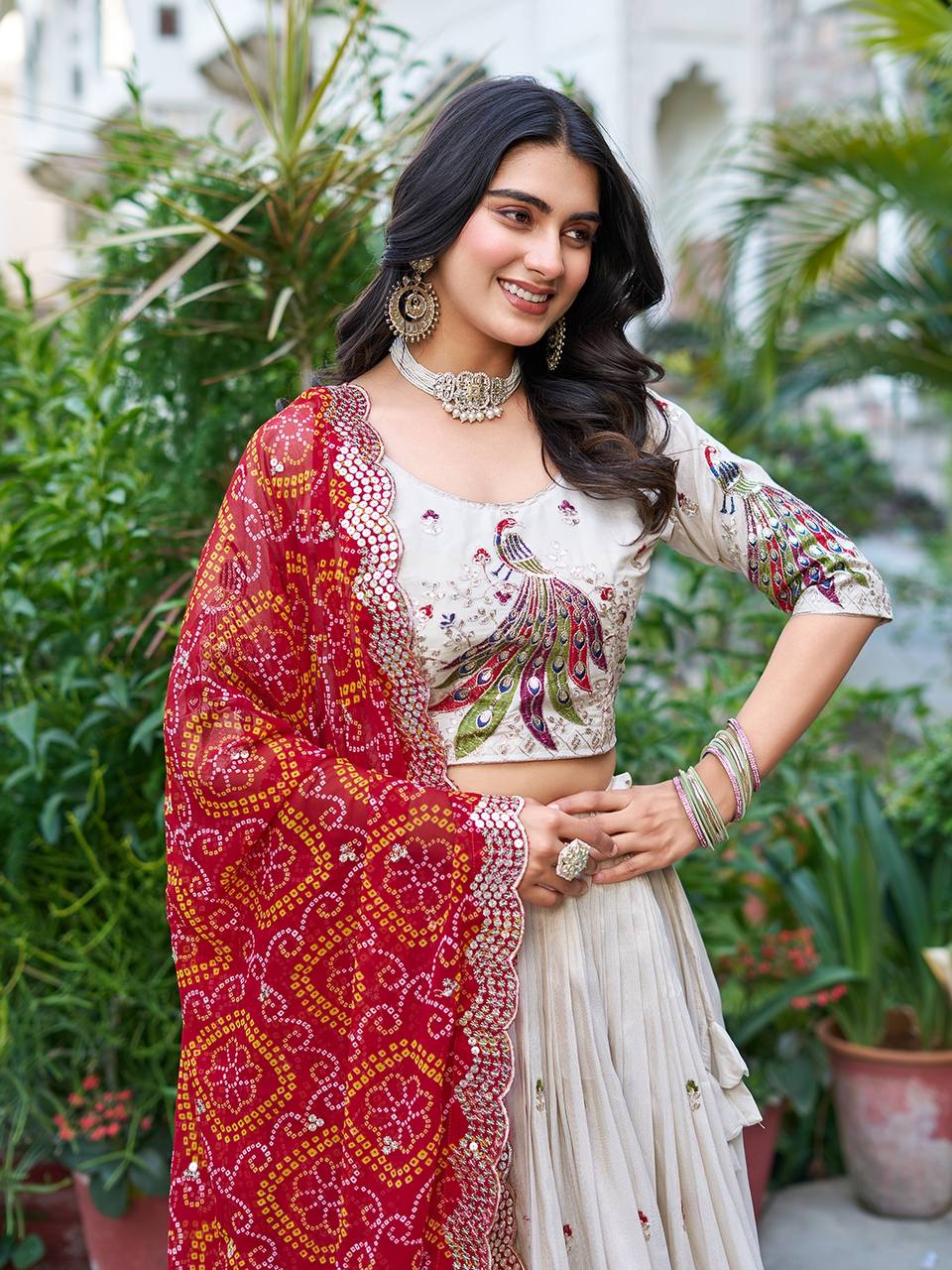 Demanding Embroidery Work Tissue silk White Color Lehenga choli Red Dupatta