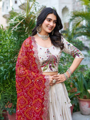 Demanding Embroidery Work Tissue silk White Color Lehenga choli Red Dupatta