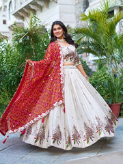 Demanding Embroidery Work Tissue silk White Color Lehenga choli Red Dupatta