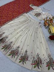 Demanding Embroidery Work Tissue silk White Color Lehenga choli Red Dupatta