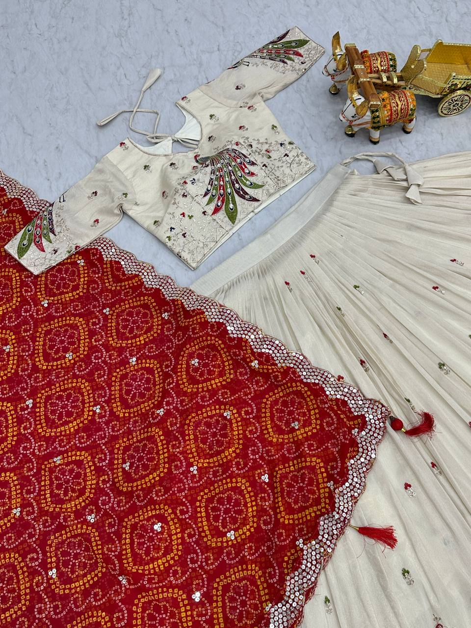 Demanding Embroidery Work Tissue silk White Color Lehenga choli Red Dupatta
