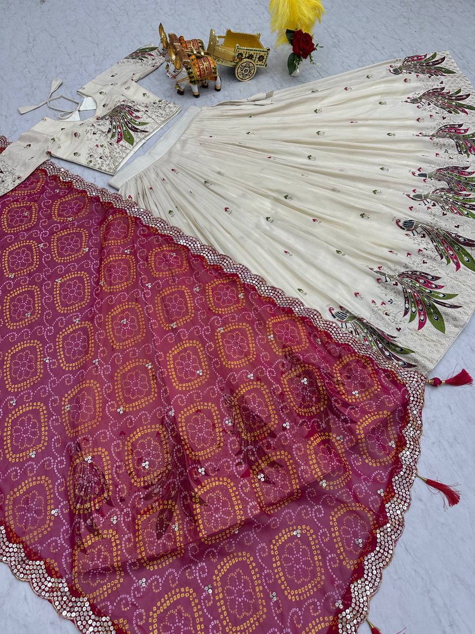 Demanding Embroidery Work Tissue silk White Color Lehenga choli Pink Dupatta