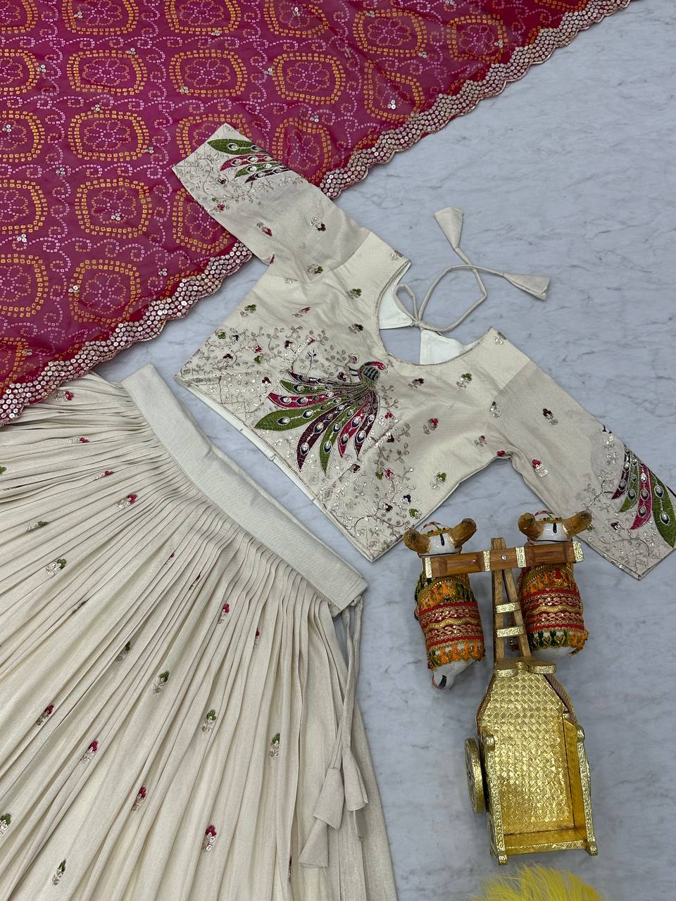 Demanding Embroidery Work Tissue silk White Color Lehenga choli Pink Dupatta