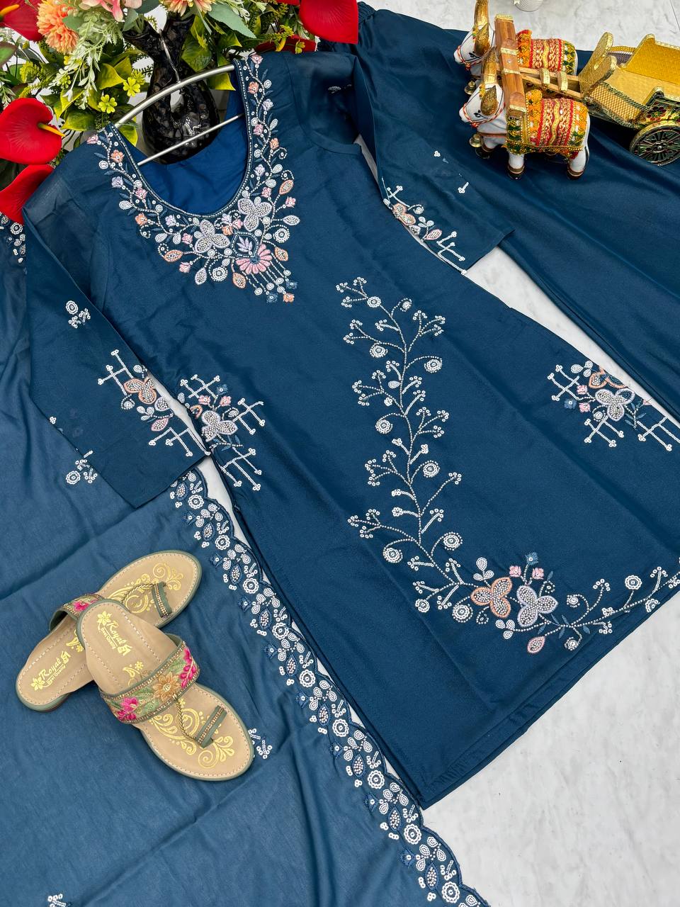 Awesome Moti  Work Teal Blue Color Kurti Set With Dupatta