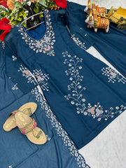 Awesome Moti  Work Teal Blue Color Kurti Set With Dupatta