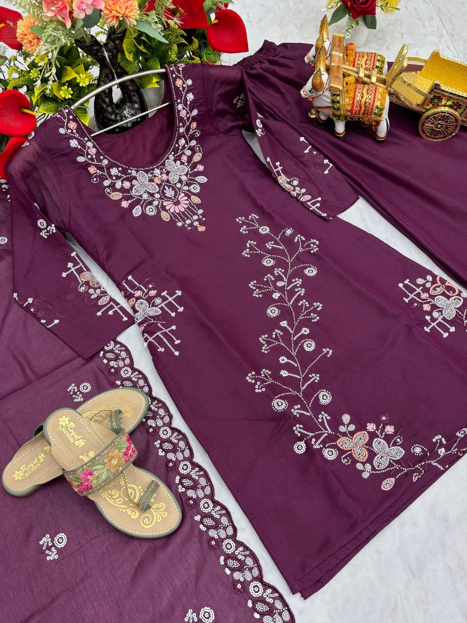 Awesome Moti  Work Purple Color Kurti Set With Dupatta
