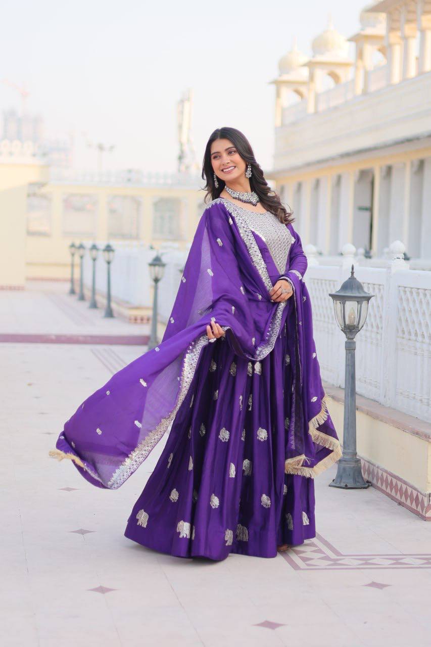 Mesmerizing Embroidery Sequence Work Purple Color Gown