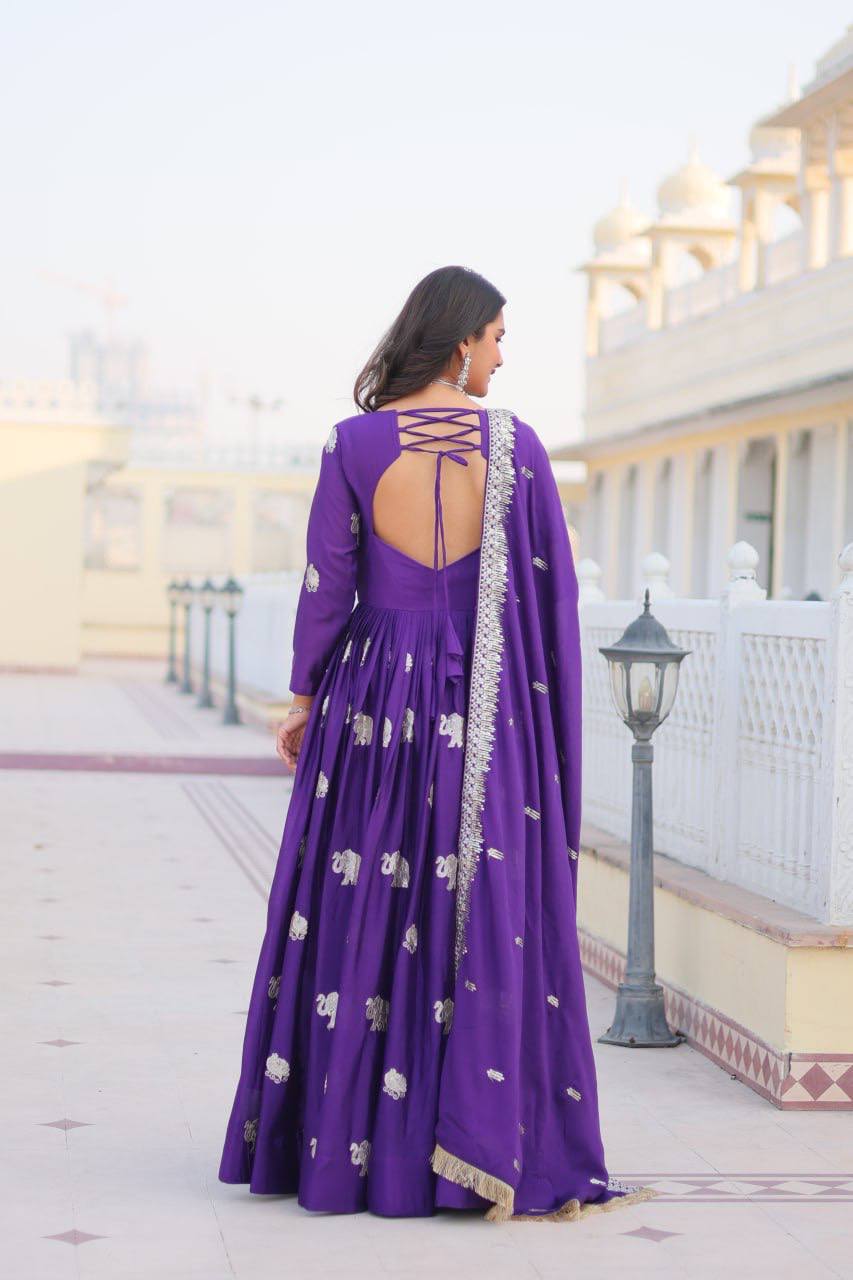 Mesmerizing Embroidery Sequence Work Purple Color Gown