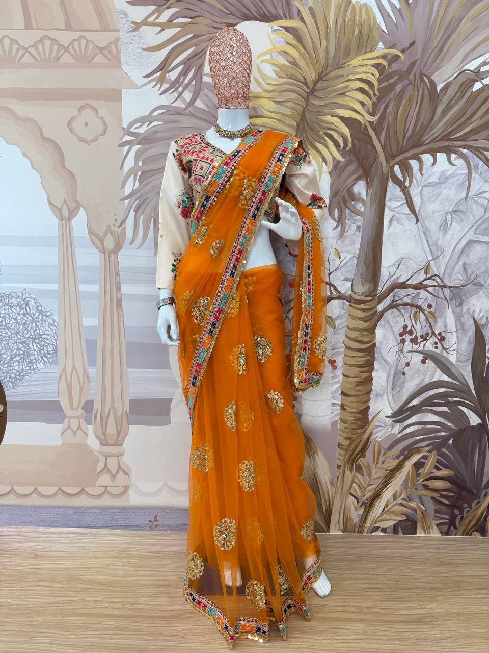 Fashionable Butterfly Net Orange Color  Saree