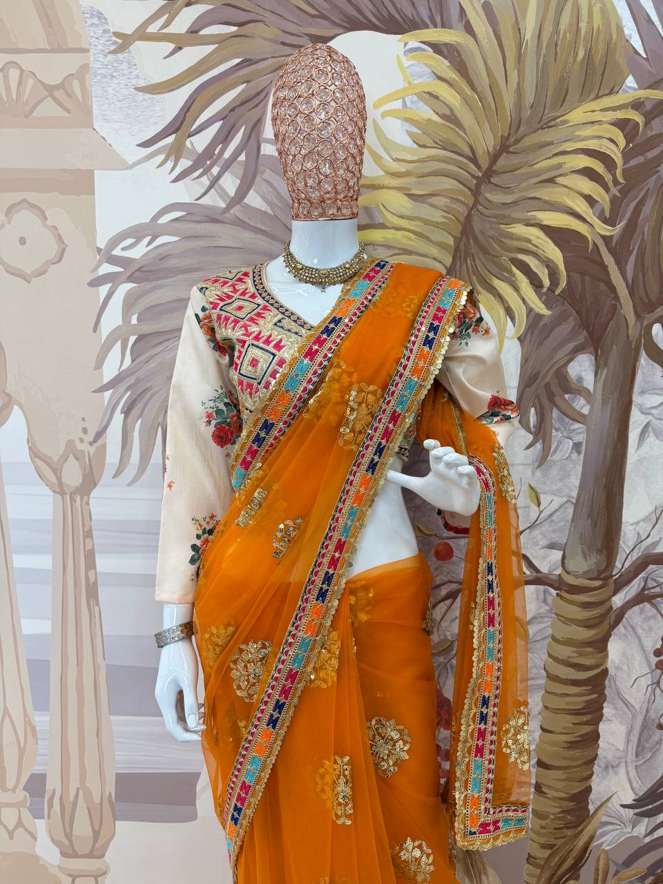 Fashionable Butterfly Net Orange Color  Saree