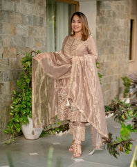 Ravishing Fandy Silk  Beige Color Embroidery Work Salwar Suit