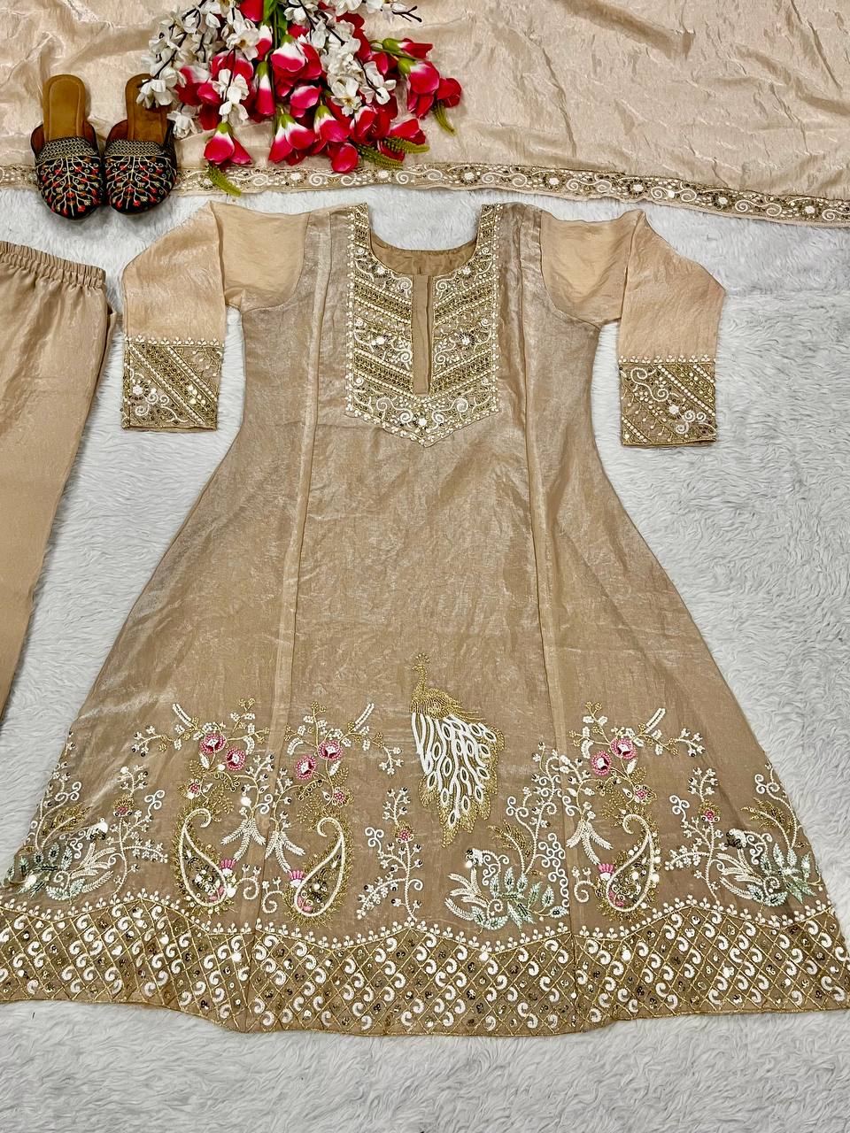 Ravishing Fandy Silk  Beige Color Embroidery Work Salwar Suit