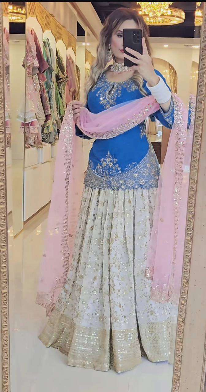 Punjabi Style White Color Chinon silk Sequence Work Lehenga With Top With Dupatta