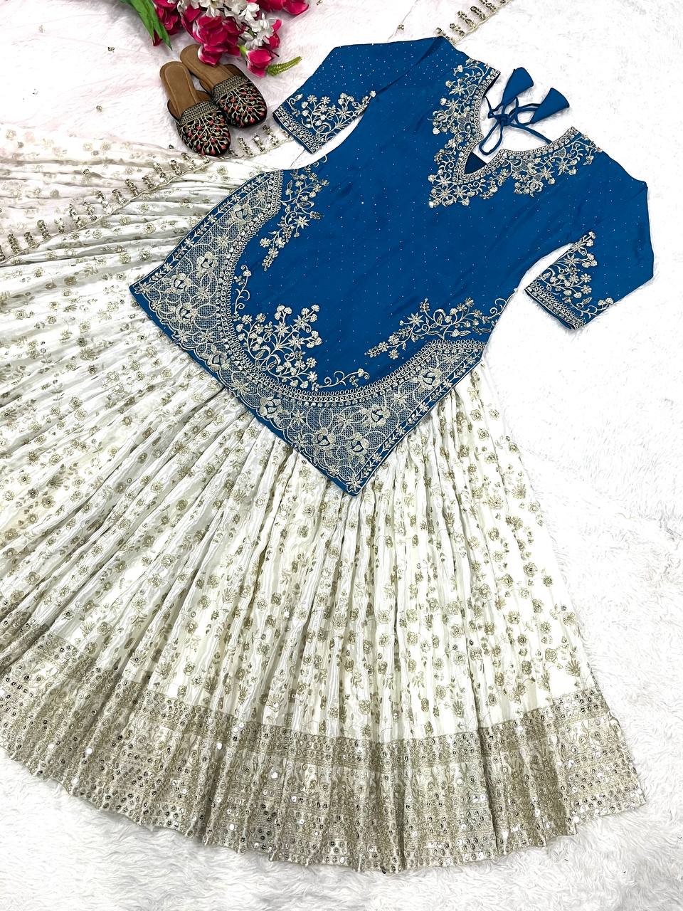 Punjabi Style White Color Chinon silk Sequence Work Lehenga With Top With Dupatta