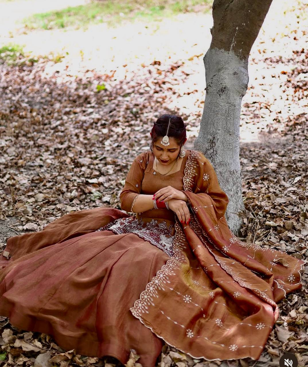 Admiring  Embroidery Sequence Work Brown Color Top With Lehenga